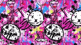 Retro nightclub pattern with floating disco balls, shining lights, party confetti, and cocktails. The seamless composition glows with elegant glamour and vibrant nightlife energy. Diagonal Motion. - Powered by Shutterstock - Get 15% off with code: PIKWIZARD15