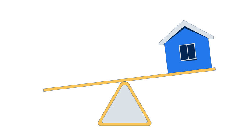 Small house placed on seesaw balance 2D cartoon object animation. Housing market instability. Realty issues. Real estate supply demand animated flat colorful item 4K video isolated on white