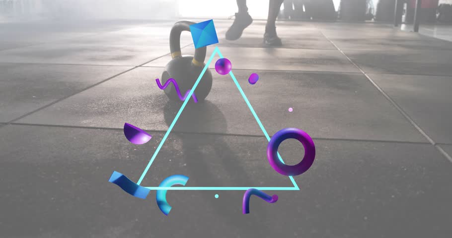 Shoes stepping beside kettlebell, triangle overlay athlete kneeling chalking securing fitness grip. Fitness, strength, determination, dynamic, modern, athletic, workout