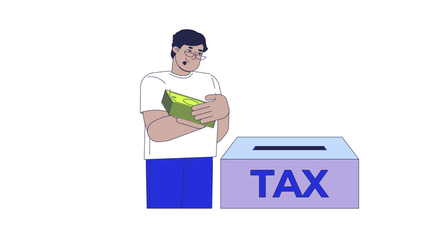 Paying taxes 2D animation. Financial task. Responsible taxpayer placing money. Arab man depositing cash into taxation payment box animated character cartoon flat concept 4K video isolated on white