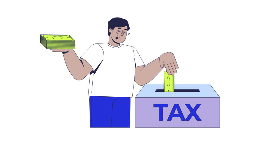 Paying taxes 2D animation. Financial task. Responsible taxpayer placing money. Arab man depositing cash into taxation payment box animated character cartoon flat concept 4K video isolated on white