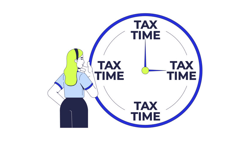 Tax season 2D animation. Urgent task. Financial duty. Filing reminder. Woman taxpayer thinking about taxation time clock animated character cartoon flat concept metaphor 4K video isolated on white