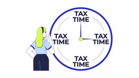 Tax season 2D animation. Urgent task. Financial duty. Filing reminder. Woman taxpayer thinking about taxation time clock animated character cartoon flat concept metaphor 4K video isolated on white - Powered by Shutterstock - Get 15% off with code: PIKWIZARD15