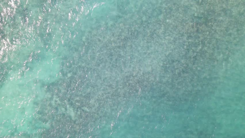 Aerial drone footage of Tulum Caribbean cristal water on sunny day, view from the top