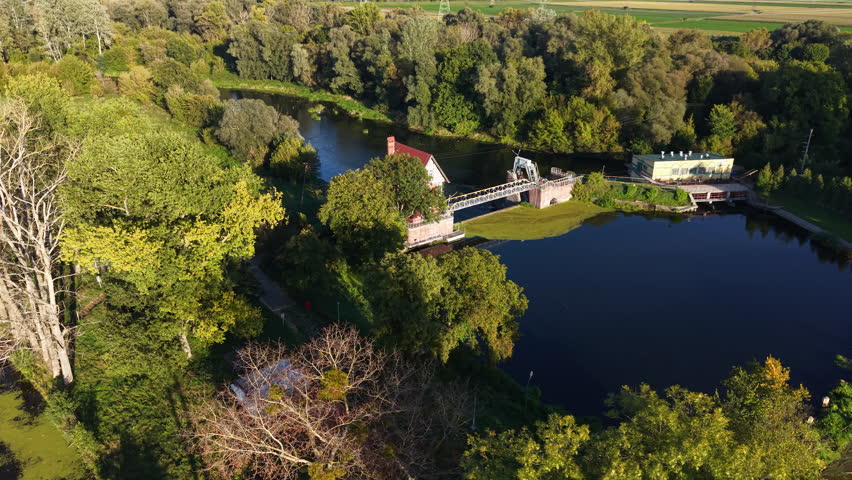 BYDGOSZCZ, POLAND - 28 SEP 2025: Aerial Bydgoszcz Poland Brda River locks circle. Historic population center. River Brda inland waterway, tributary of Vistula. Historical trade and transportation.