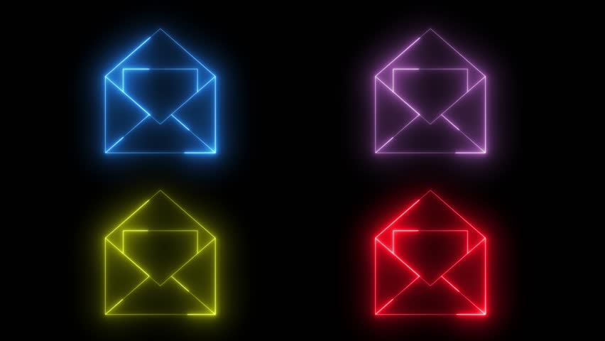 Animated glowing neon lines forming a set of four abstract email envelope icons in a seamless loop, symbolizing modern digital communication and internet technology on a dark background. - Powered by Shutterstock - Get 15% off with code: PIKWIZARD15
