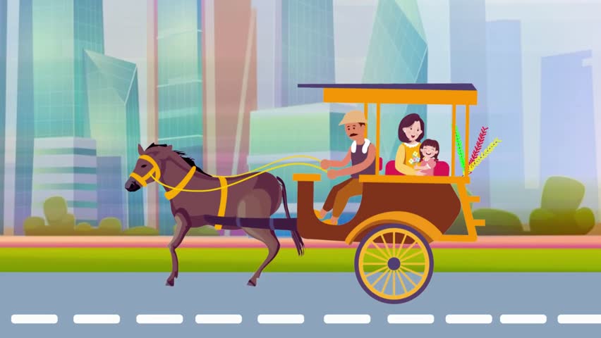 4K video background showing a strong horse pulling a traditional cart with people riding in it through an outdoor scenic setting, perfect for cultural projects, documentaries, educational use, travel 