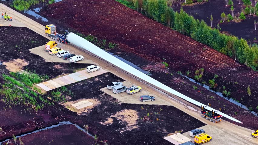 Long wind turbine blade on rural road, surrounded by various vehicles