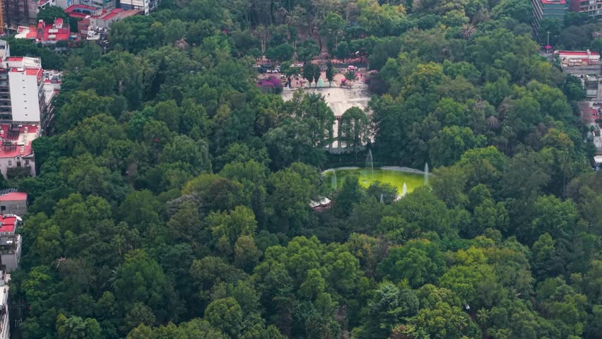 Elevated shot of Parque México within its urban context, Condesa, CDMX