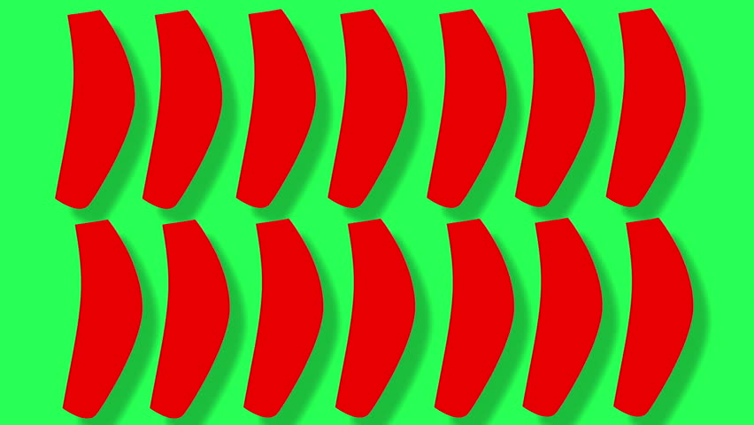 Vibrant animation showcasing red abstract curved shapes in rhythmic motion against a bright green screen. Perfect for creative backgrounds, digital art, or visual effects projects.