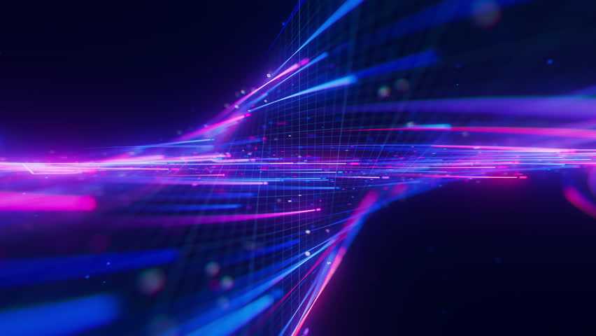 Closeup of Big data light speed warped flow. Abstract digital data stream of quantum computing. Cyberspace of qubit trail waves. Modern tech information transmission.