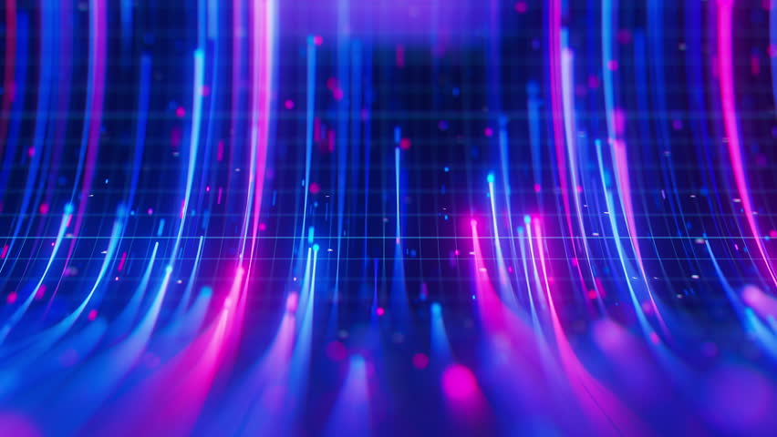 Closeup of Big data light speed upward flow. Abstract digital data stream of quantum computing. Cyberspace of qubit trail waves. Modern tech information transmission.