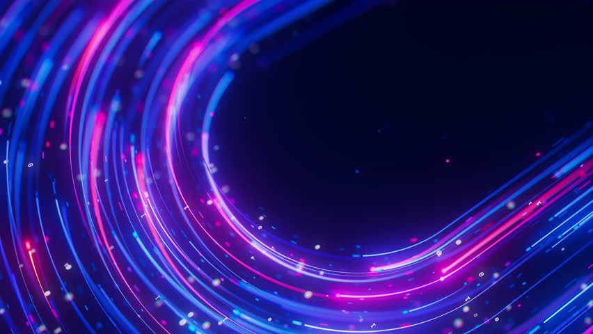 Big data light speed flow U-turn. Abstract digital data stream of quantum computing. Cyberspace of qubit trail waves. Modern tech information transmission.