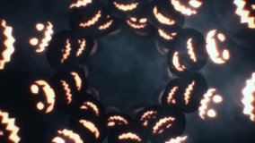 Halloween glowing pumpkins with black background with smoke . Orange glow light inside of carved pumpkin heads. Dark smile faces. - Powered by Shutterstock - Get 15% off with code: PIKWIZARD15