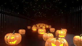 Tunnel of glowing jack-o'-lanterns marching towards the viewer in a chilling and captivating scene. 3D rendered Halloween motion graphic backdrop, animated wallpaper, vertical video transition.  - Powered by Shutterstock - Get 15% off with code: PIKWIZARD15