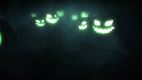 Halloween glowing pumpkins with black background with smoke . Orange glow light inside of carved pumpkin heads. Dark smile faces. - Powered by Shutterstock - Get 15% off with code: PIKWIZARD15