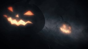 Halloween glowing pumpkins with black background with smoke . Orange glow light inside of carved pumpkin heads. Dark smile faces. - Powered by Shutterstock - Get 15% off with code: PIKWIZARD15