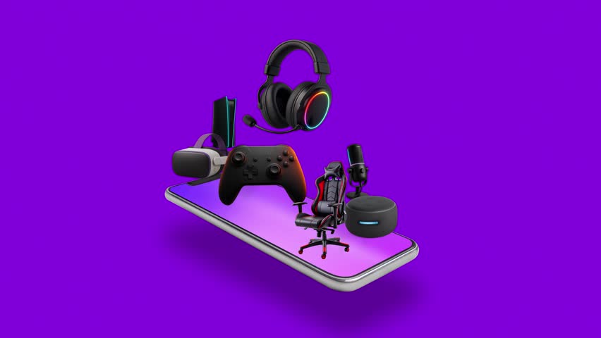  Gaming products originating from smartphones. Headset, game console, gaming chair, VR glasses, speakers, microphone. Digital Concept Animation