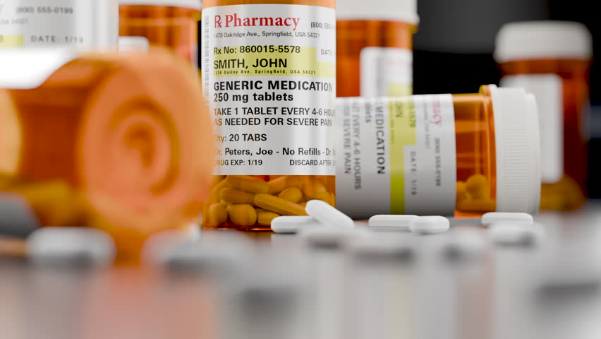 Slow Dolly Camera Movement Generic Medication Prescription Medicine Bottle and Pills Resting on a Bathroom Countertop.