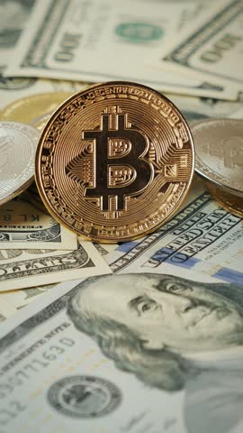 Golden bitcoin rotating on background of 100 hundred us dollar banknotes. Bitcoins virtual currency. Cryptocurrency. BTC. Vertical video