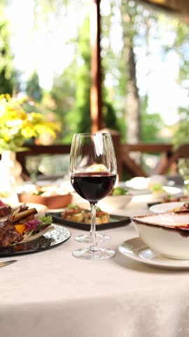 Festive banquet table in a restaurant. Served with delicious dishes. 