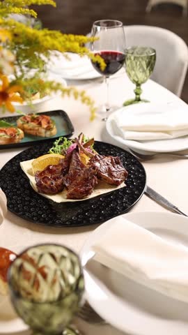 Festive banquet table in a restaurant. Served with delicious dishes. 