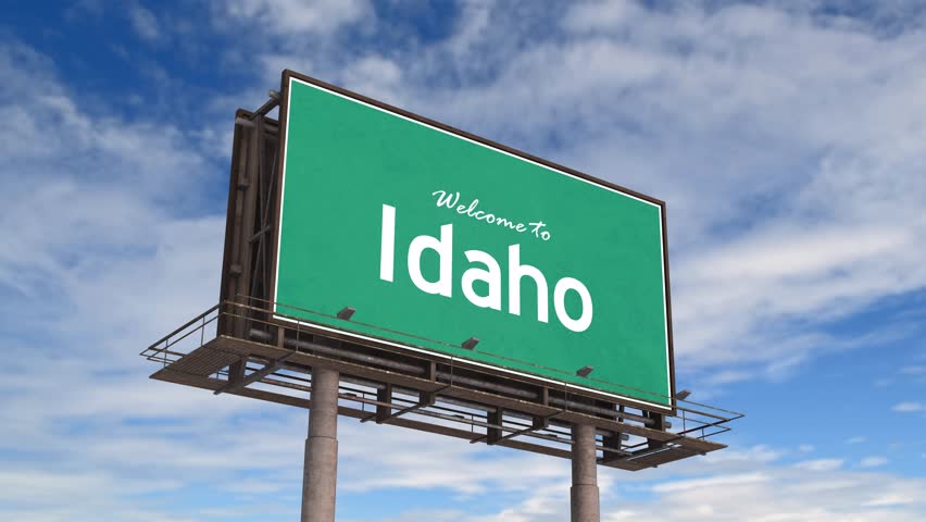 Welcome To Idaho Road Sign. Airplane Landing Idaho State USA.