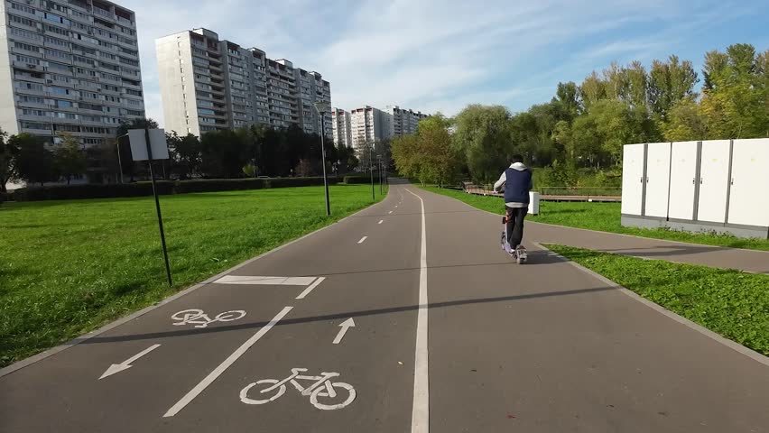 Bicycle and pedestrian path in a green city park on a summer day. The bike lane is marked with bicycle symbols and directional arrows