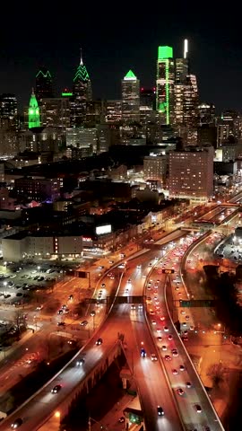 Night View Of Philadelphia Skyline At Philadelphia In Pennsylvania United States. Illuminated Downtown. City At Night Scene. Philadelphia At Pennsylvania United States. Philadelphia City District.