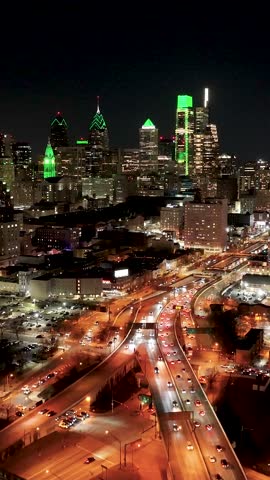 Night Skyline Downtown Philadelphia At Philadelphia In Pennsylvania United States. Highrise Buildings Landscape. Night City Scenery. Philadelphia At Pennsylvania United States. Illuminated City.
