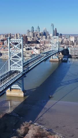 Benjamin Franklin Bridge At Philadelphia In Pennsylvania United States. Highrise Building Scenery. Bridge Landscape. Benjamin Franklin Bridge At Pennsylvania United States. Delaware River Scene.