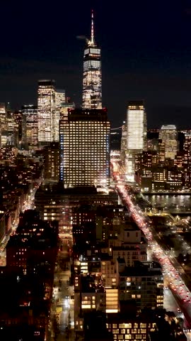 Night View Of Downtown New York At Manhattan In New York United States. City At Night Landscape. Illuminated Downtown. Downtown New York At New York United States. Empire State Building.