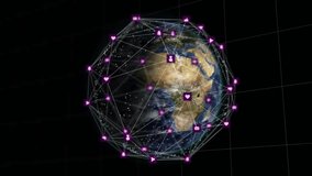 Initiating Earth in 3D purple mesh, icons materializing and orange streams linking global nodes. Technology, connectivity, cyberspace, innovation, digitalization, data transmission, network - Powered by Shutterstock - Get 15% off with code: PIKWIZARD15