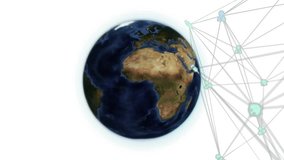 At globe appearance, digital Earth rotating while blue arcs radiating toward icons creating network. Global network, connectivity, digital infrastructure, innovation, data transfer, technology - Powered by Shutterstock - Get 15% off with code: PIKWIZARD15