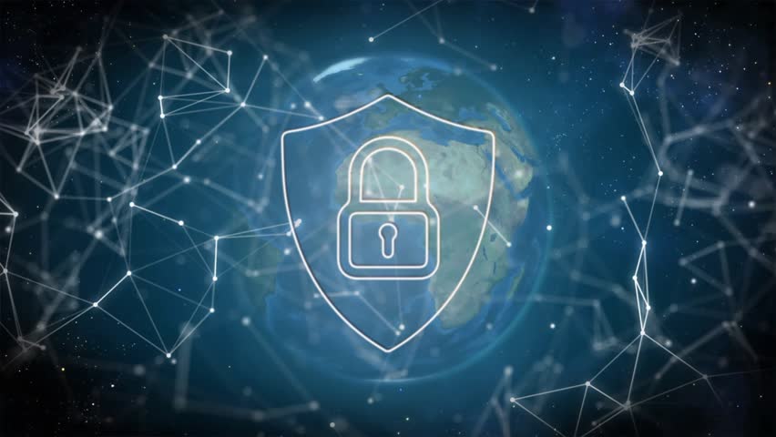 Floating Earth initiating left nodes appearing, blue ribbons coiling shield padlock securing globe. Cyberspace, cybersecurity, digital, futuristic, protection, connectivity, data - Powered by Shutterstock - Get 15% off with code: PIKWIZARD15
