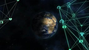 Network grid launching green streams toward Earth then reversing flow while showing data exchange. Cosmos, connectivity, digital, technology, innovation, futuristic, abstract - Powered by Shutterstock - Get 15% off with code: PIKWIZARD15