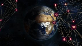 Globe rotating while glowing arcs emerging from East Africa linking to wifi icon, showing links. Planet, connectivity, technology, innovation, global, digital, network - Powered by Shutterstock - Get 15% off with code: PIKWIZARD15