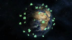 Starfield opening and Earth rotating eastward icons circling while blue arcs tracing data flow. Technology, connectivity, global, digital, innovation, finance, data visualization - Powered by Shutterstock - Get 15% off with code: PIKWIZARD15