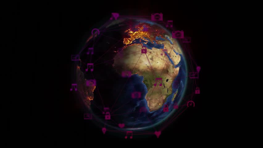 Floating 3D globe starting rotation, arcs linking continents and icons orbiting showing network. Global, connectivity, technology, innovation, digital, communication, network - Powered by Shutterstock - Get 15% off with code: PIKWIZARD15