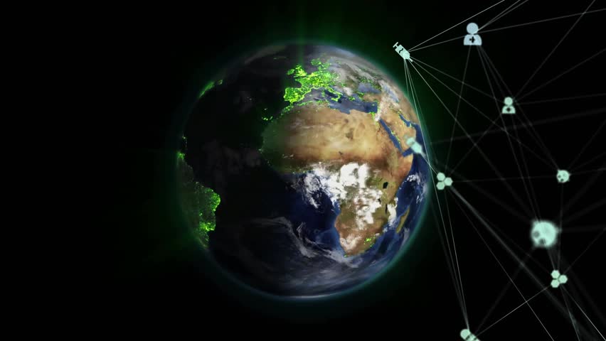 Rotation starting Earth nodes glowing arcs linking cities and icons satellite beaming data back. Global connectivity, digital network, data transmission, technological infrastructure - Powered by Shutterstock - Get 15% off with code: PIKWIZARD15