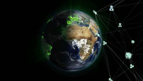 Rotation starting Earth nodes glowing arcs linking cities and icons satellite beaming data back. Global connectivity, digital network, data transmission, technological infrastructure - Powered by Shutterstock - Get 15% off with code: PIKWIZARD15