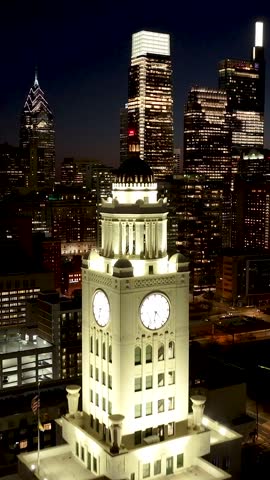 Night Skyline Of Downtown Philadelphia At Philadelphia In Pennsylvania United States. Illuminated Downtown. City At Night Scene. Philadelphia At Pennsylvania United States. Philadelphia City District.