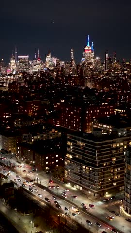 Night Skyline Of New York Skyline At Manhattan In New York United States. Night City Landscape. Financial District. New York Skyline At New York United States. Highrise Buildings Scenery.