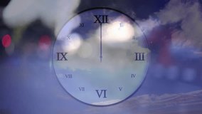 Starting at 4:30, analog clock hands advancing steadily over blurred cityscape showing time passage. Time lapse, urban scenery, twilight, motion, ambiance, minimalism, transportation - Powered by Shutterstock - Get 15% off with code: PIKWIZARD15