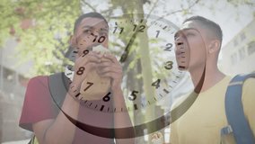 two friends unwrapping snack on sunny sidewalk while overlay clock advancing for food marketing. Casual, friendship, urban, outdoors, joyful, lifestyle, vibrant - Powered by Shutterstock - Get 15% off with code: PIKWIZARD15