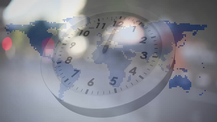 Opening with translucent clock face overlaying dotted world map, hands ticking and lights shifting. Technology, innovation, data visualization, digital, futuristic, time management, connectivity - Powered by Shutterstock - Get 15% off with code: PIKWIZARD15