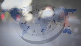Opening with translucent clock face overlaying dotted world map, hands ticking and lights shifting. Technology, innovation, data visualization, digital, futuristic, time management, connectivity - Powered by Shutterstock - Get 15% off with code: PIKWIZARD15