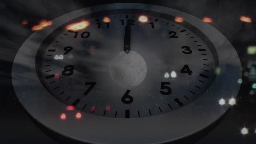 Moon appearing on dial, second hand clicking, hands creeping, clouds drifting, conveying time. Time, night, lunar, urban, twilight, celestial, ambience