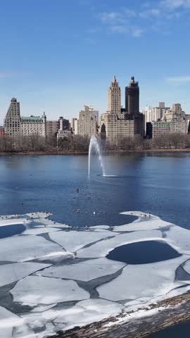 Central Park At Manhattan In New York United States. Downtown City. Frozen Lake Landscape. Central Park At New York United States. Metropolitan District. Winter Scenery.