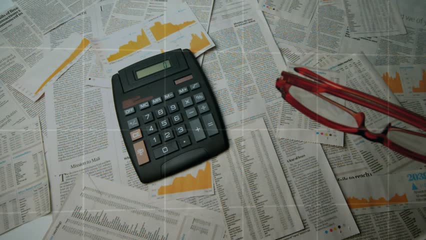 Activating overlay, data bars rising over calculator while glasses tilting and highlighting figures. Finance, analytics, data visualization, business technology, office work, digital interface - Powered by Shutterstock - Get 15% off with code: PIKWIZARD15